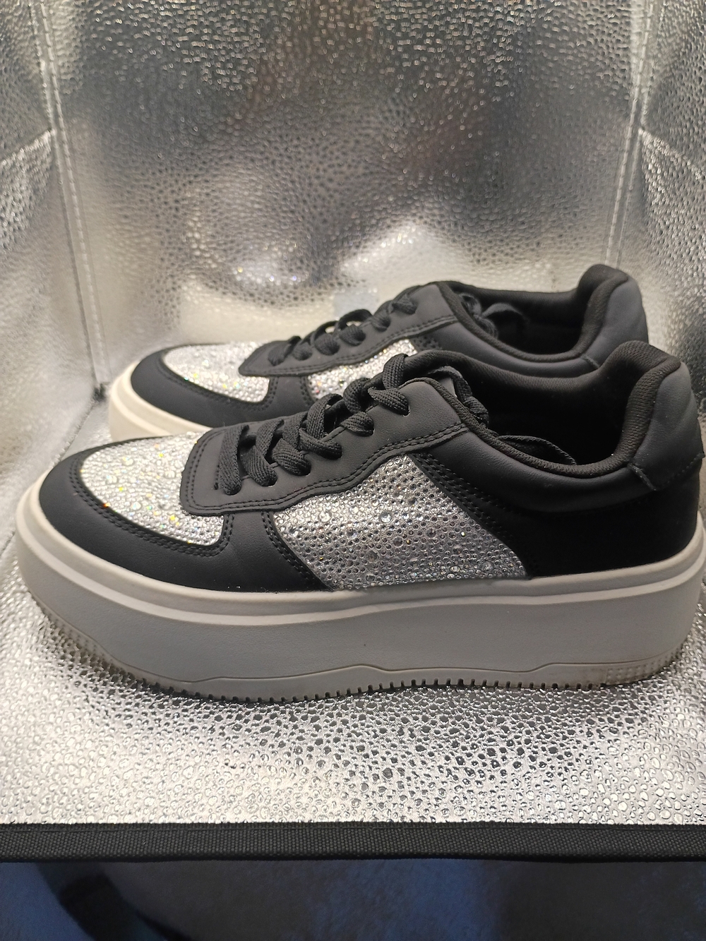 Platform Lace-Up Sneakers with Silver Rhinestone Panels
